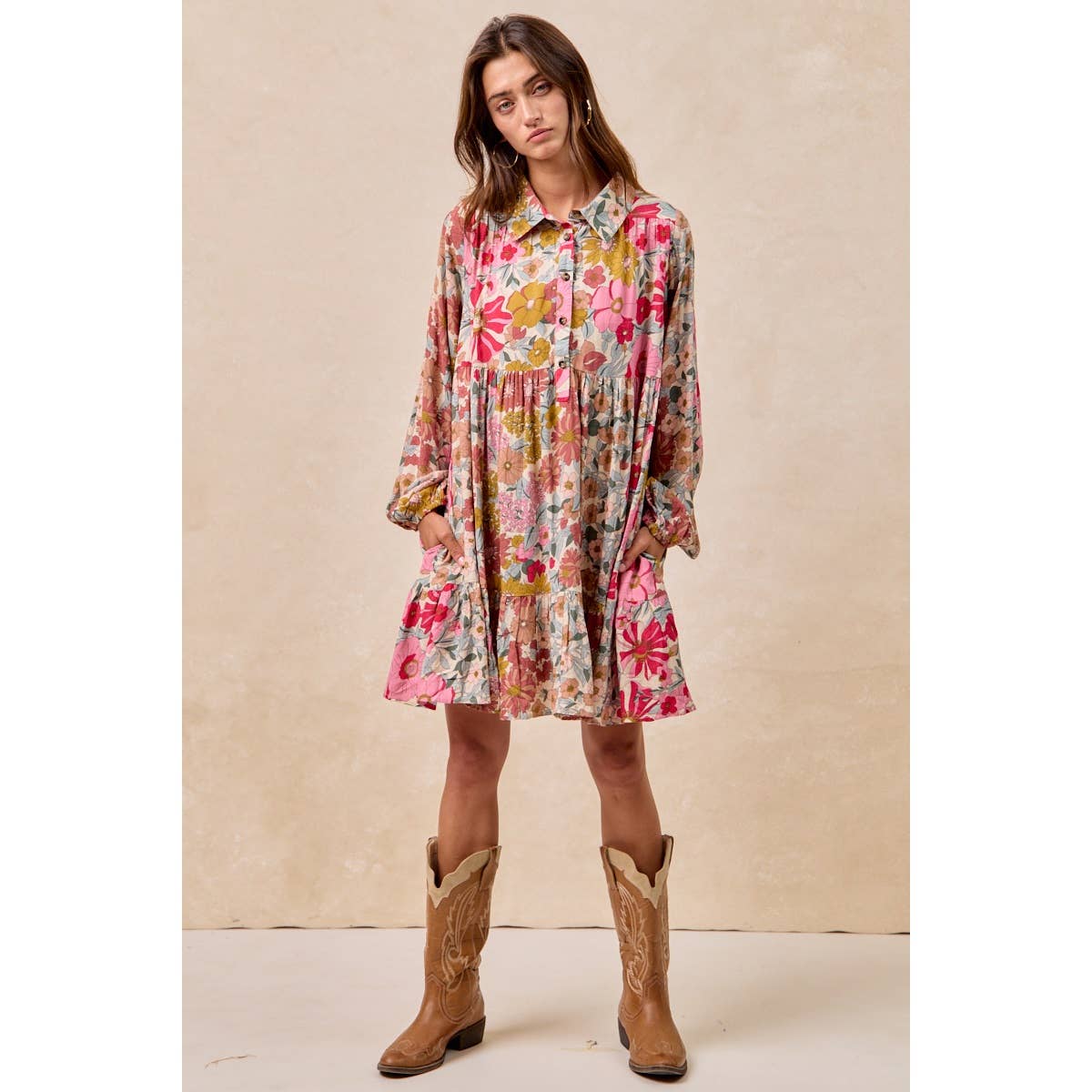 Floral Print Buttoned Tiered Dress