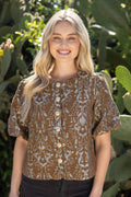 Gold Button Floral Jacquard Top