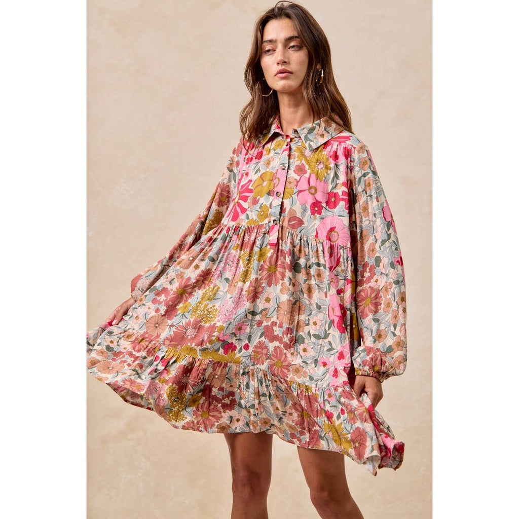 Floral Print Buttoned Tiered Dress