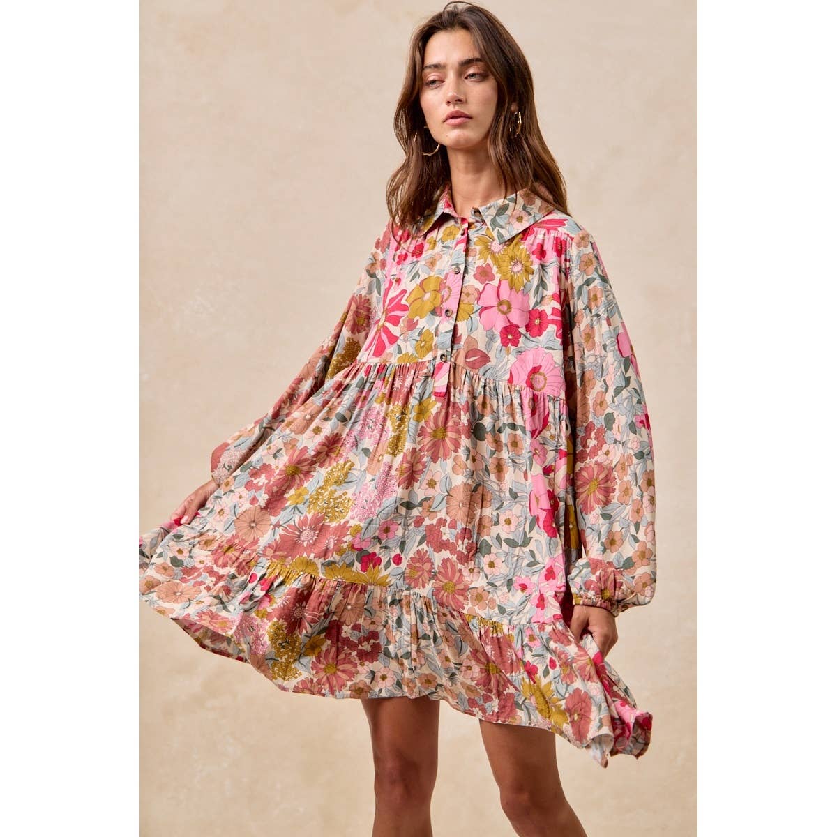 Floral Print Buttoned Tiered Dress