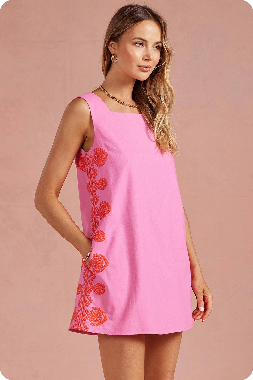 Medallion Embroidered Square Neck Shift Mini Dress