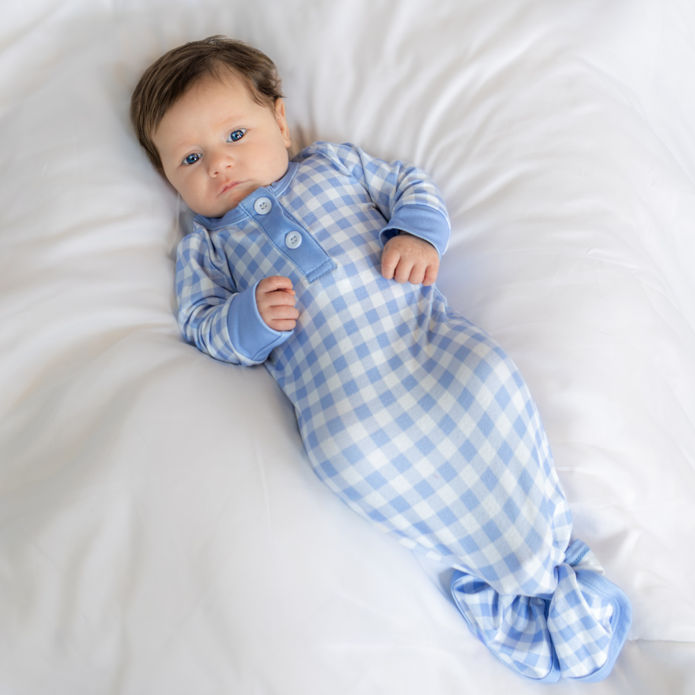 Blue Gingham Knotted Baby Gown