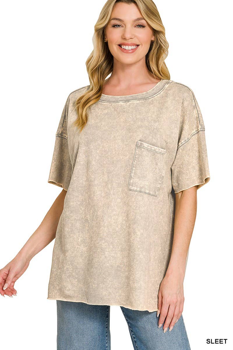 French Terry Washed Drop Shoulder Raw Edge Top