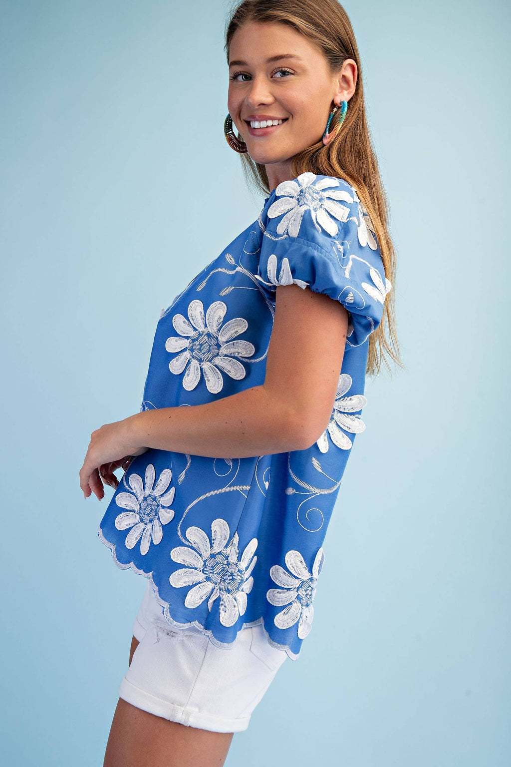 Floral 3d Applique And Embroidered V-neck Top