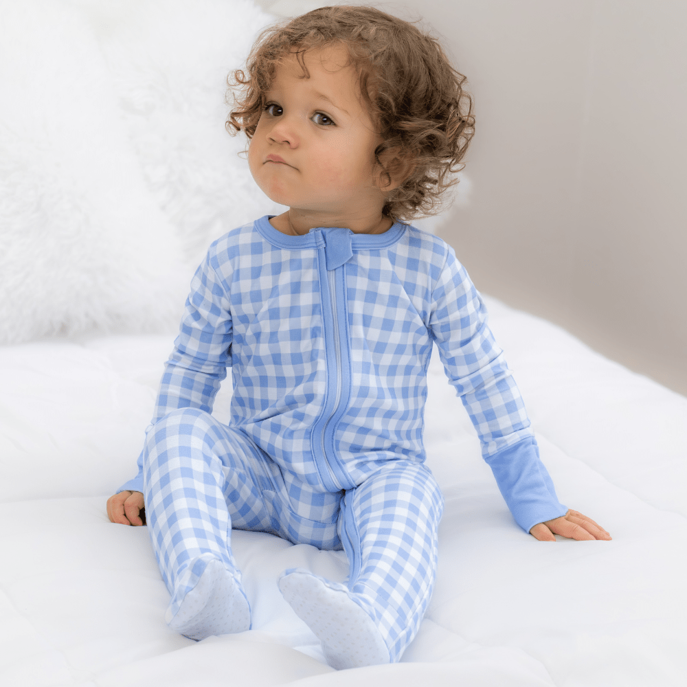 Blue Gingham Zipper Footie