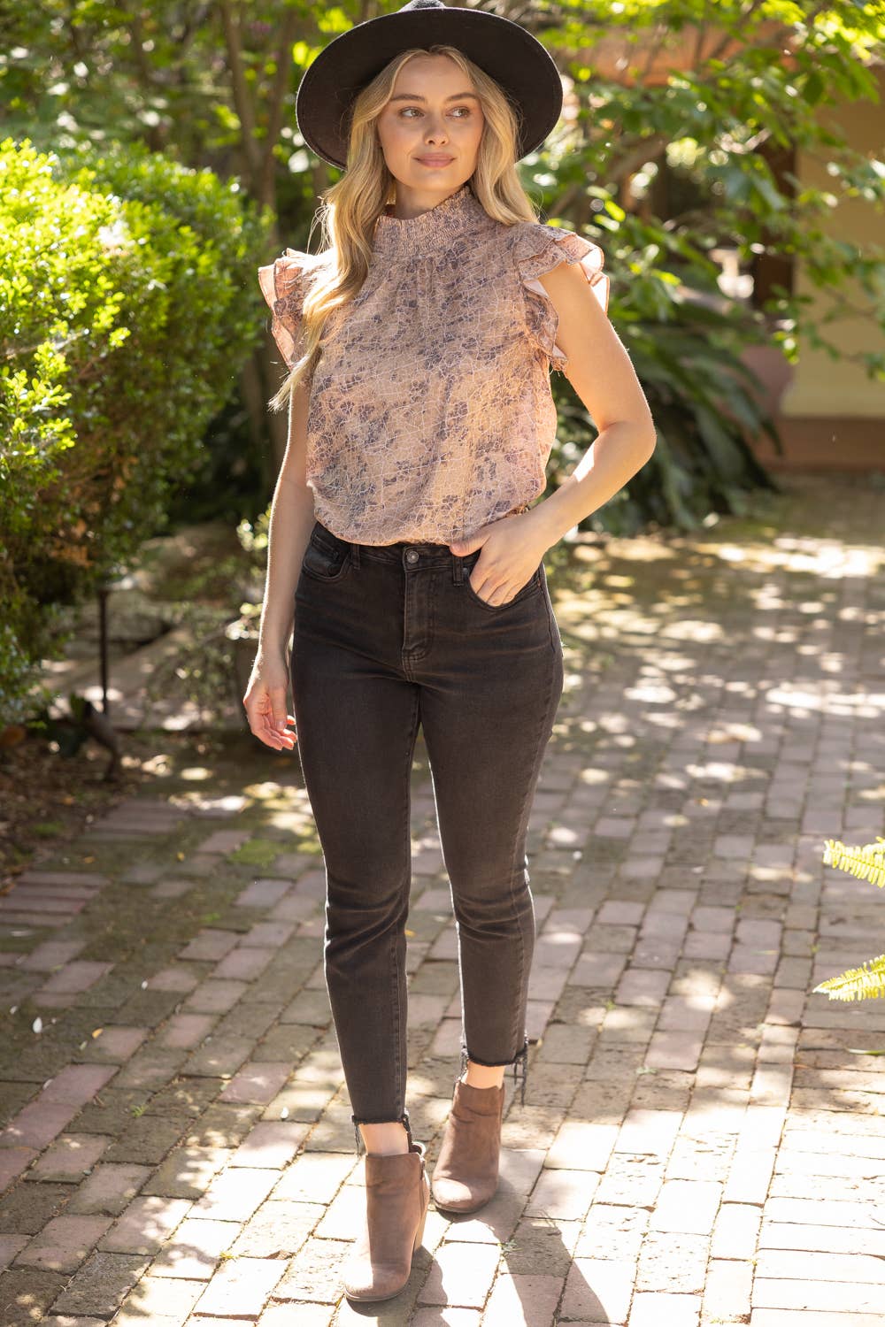 36909 Smocked High Neck Ruffle Sleeve Printed Top