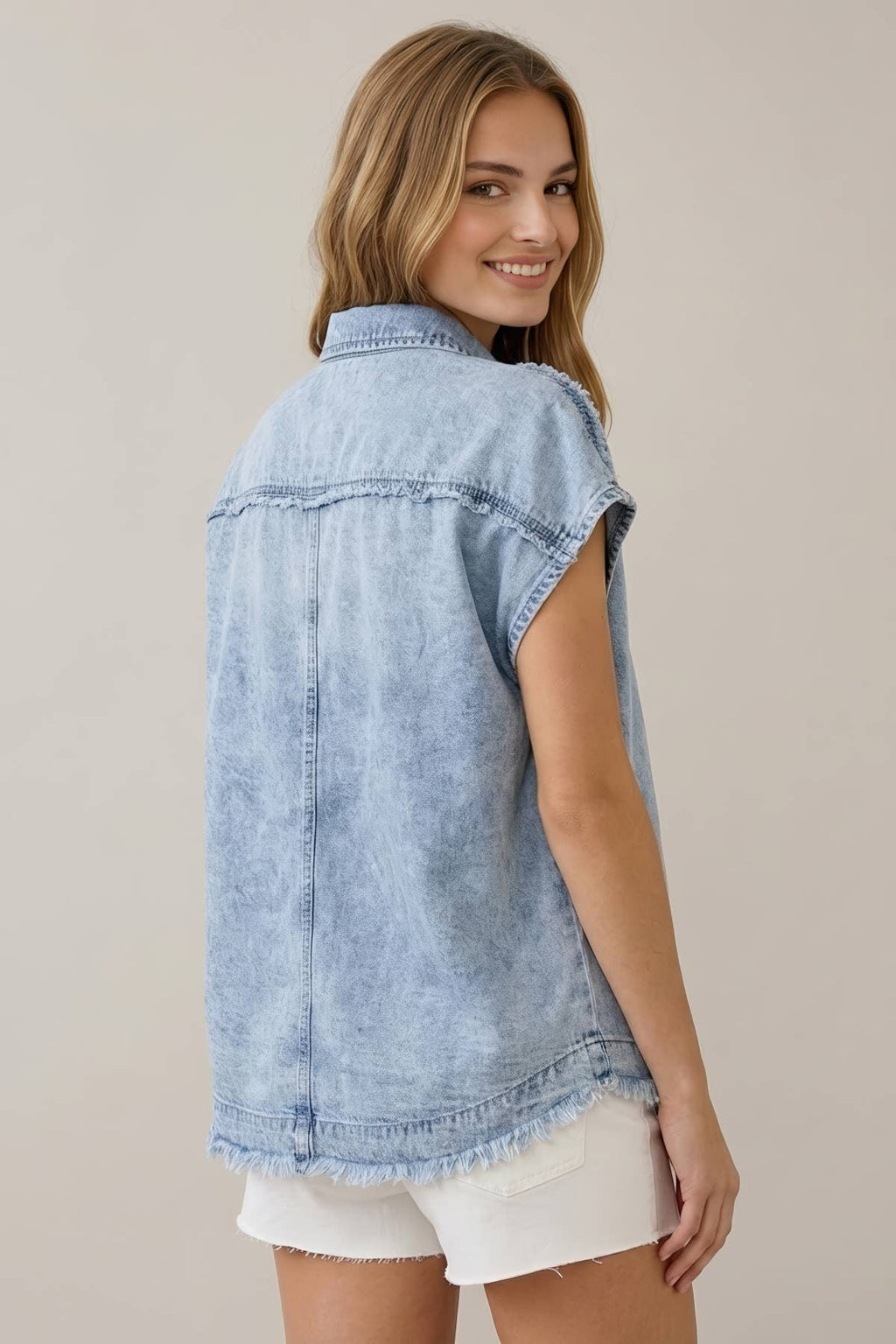 DENIM FRAY DOLMAN SHORT SLEEVE TOP