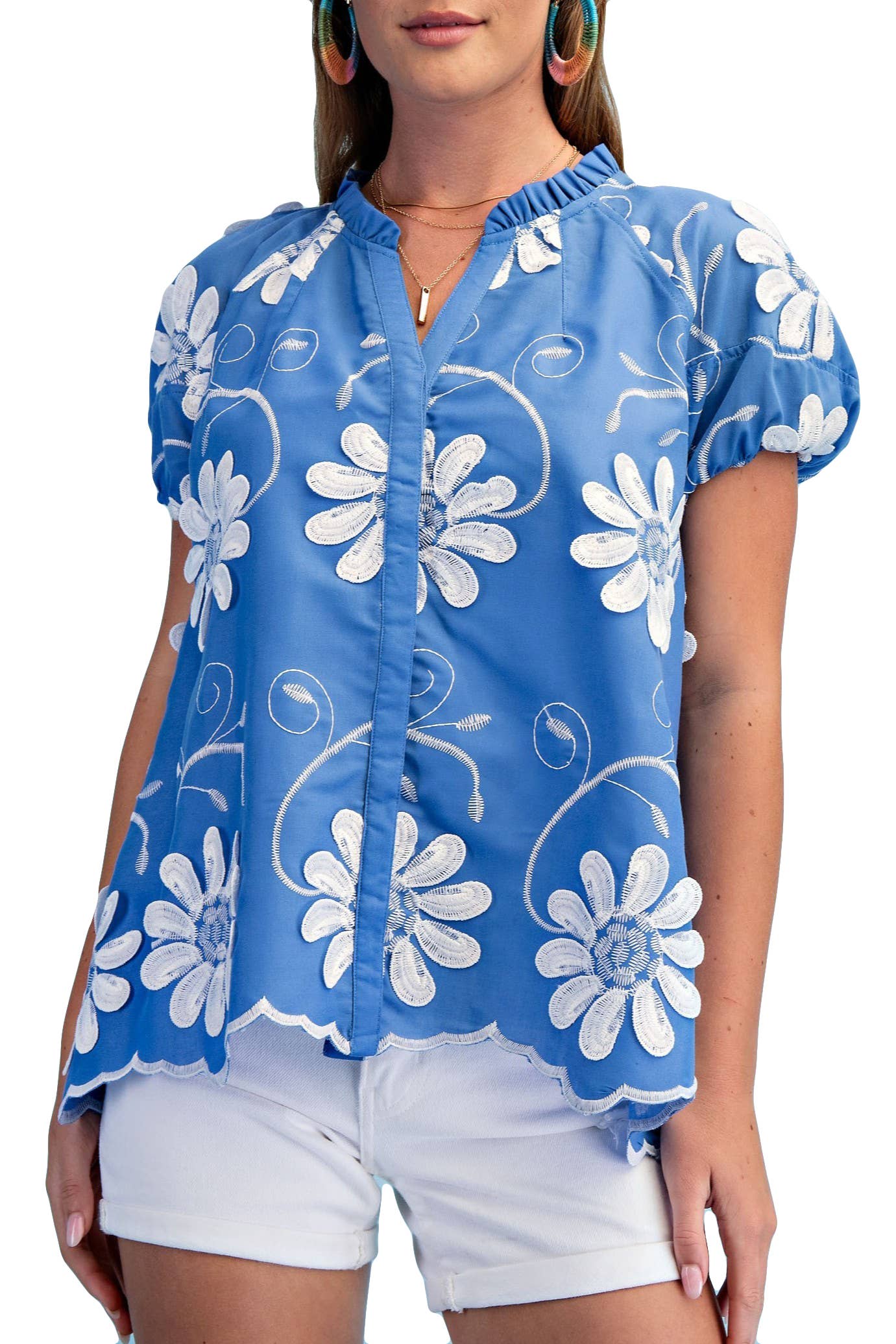 Floral 3d Applique And Embroidered V-neck Top