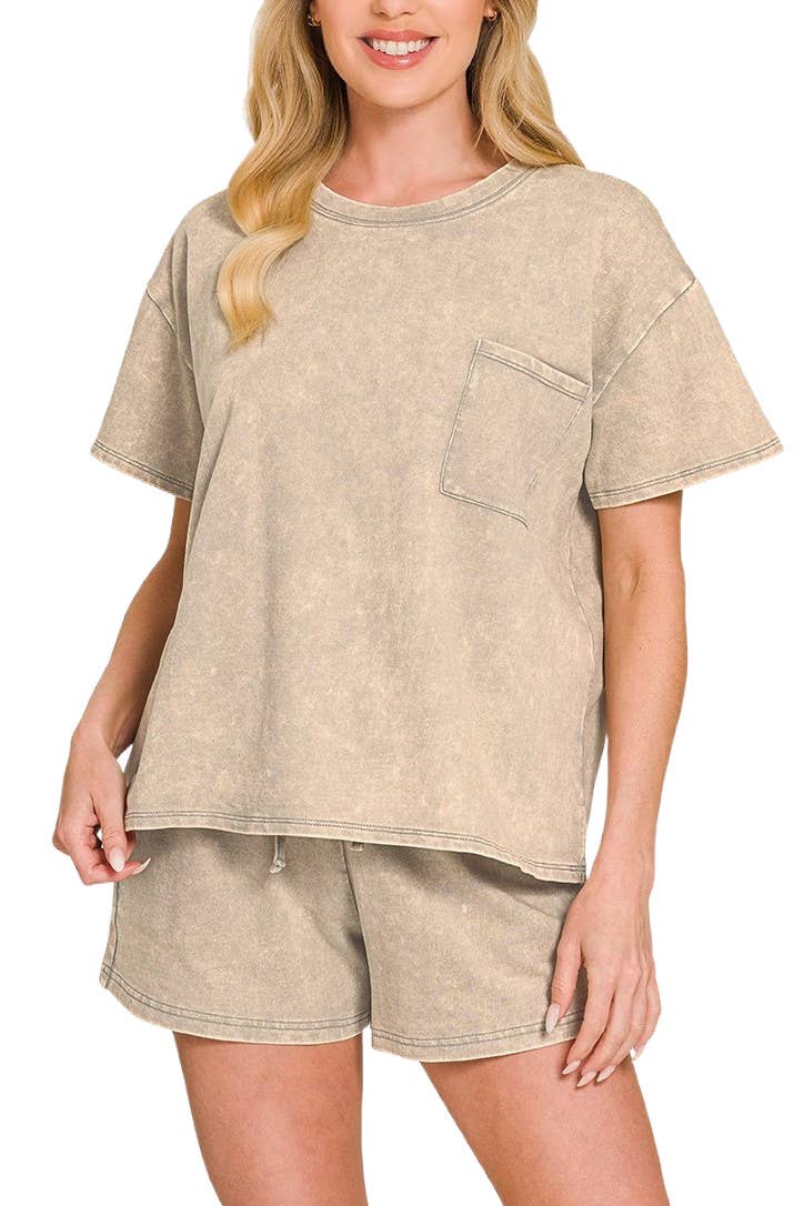 French Terry Acid Washed Relaxed Short Set