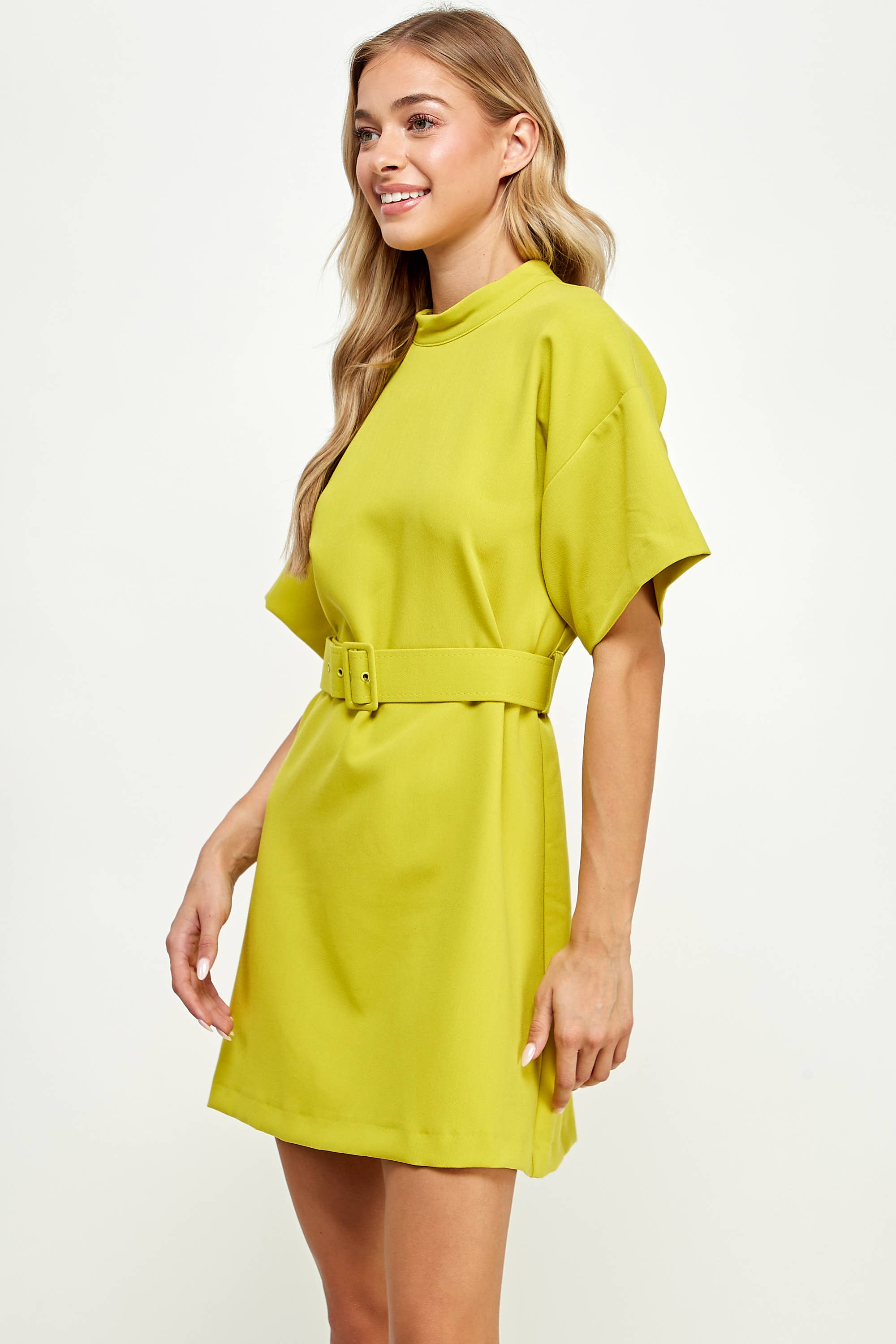 HIGH NECK DRESS WITH BELT- LIME