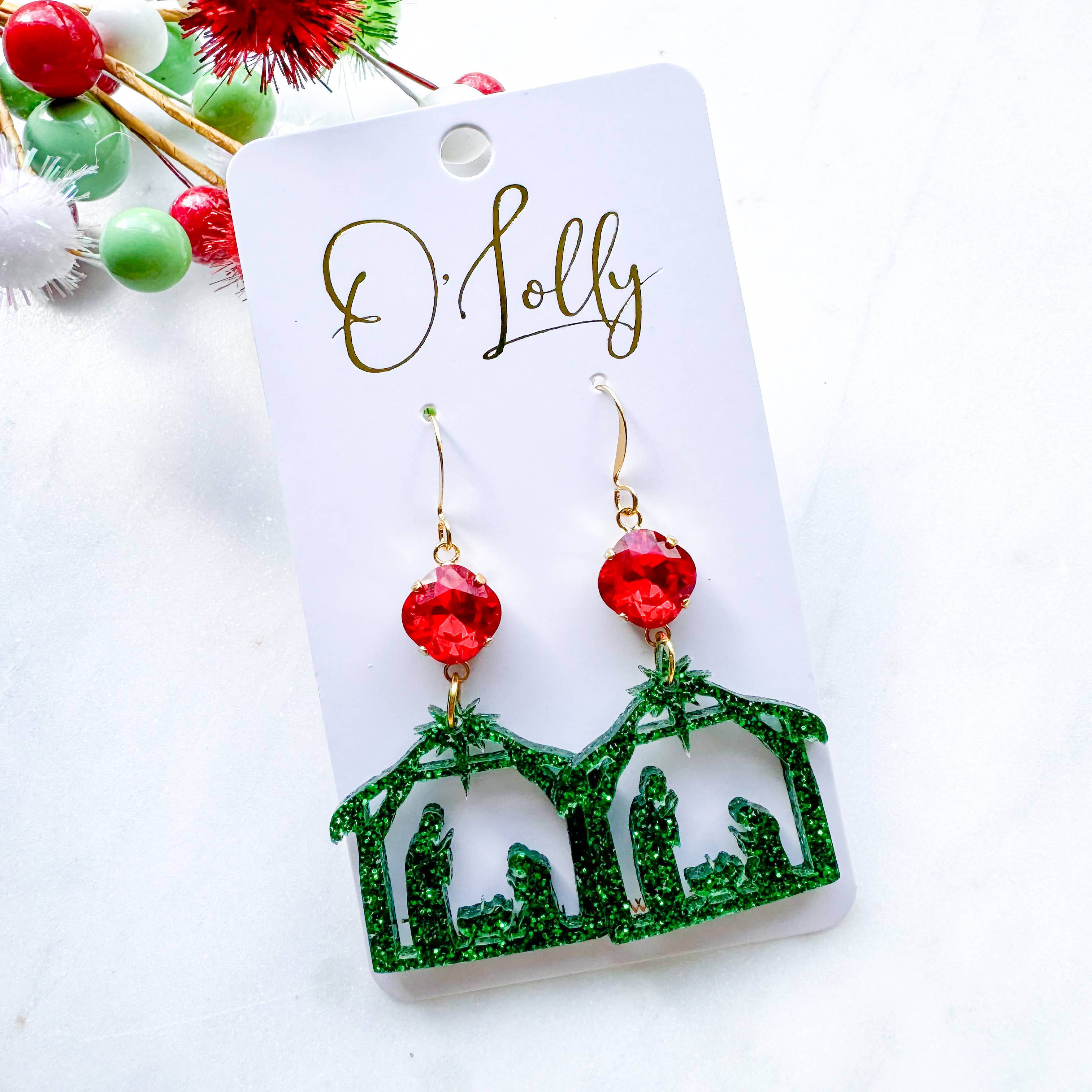 Christmas Manger Earrings w/Red Stone,