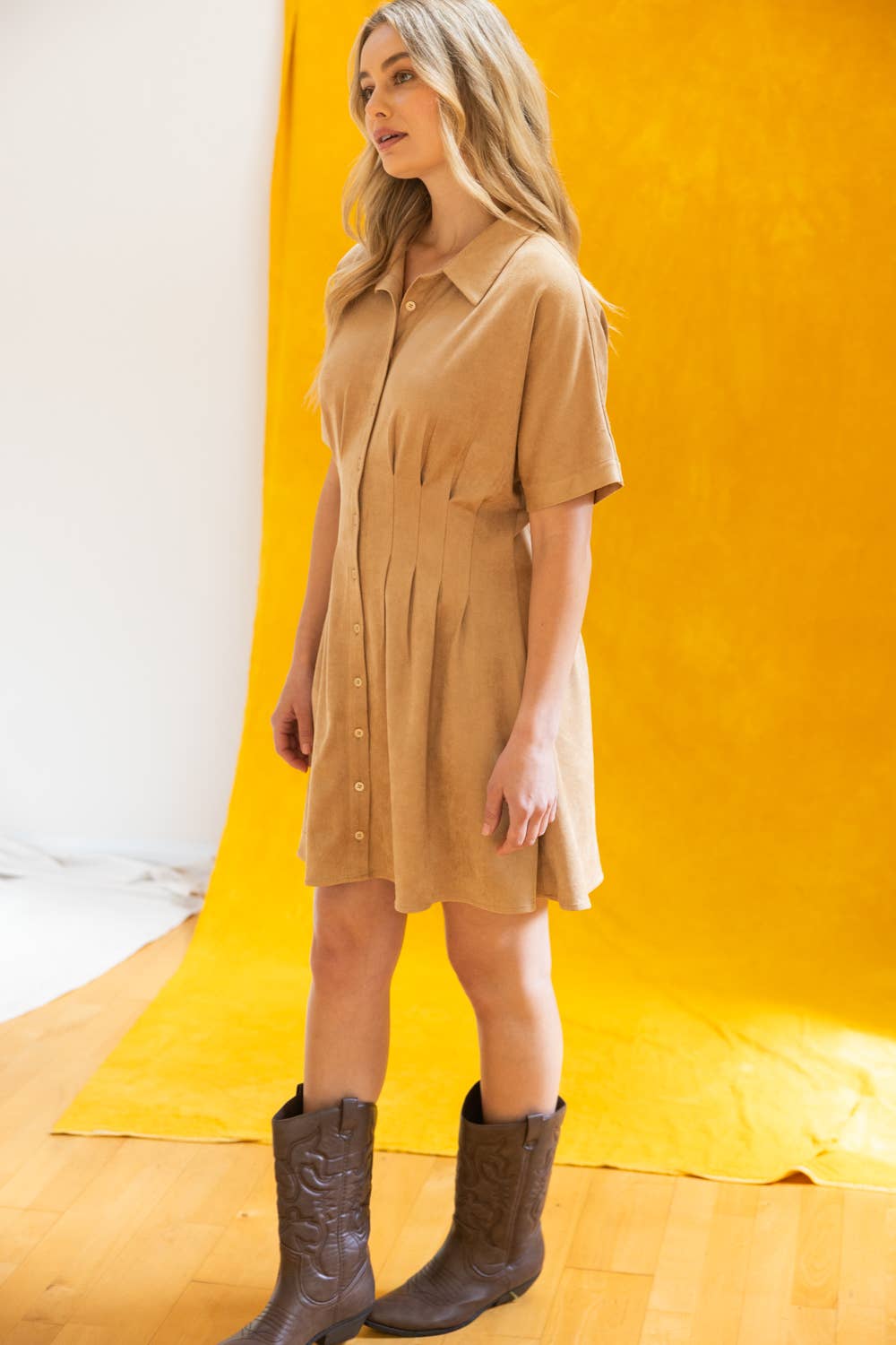 36860 Pleated Waist Dolman Sleeve Shirt Dress