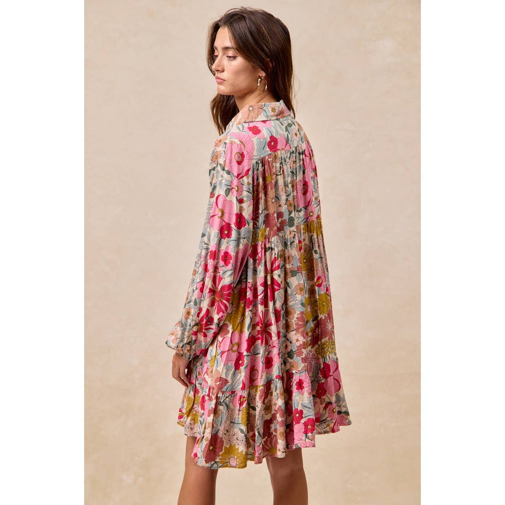 Floral Print Buttoned Tiered Dress