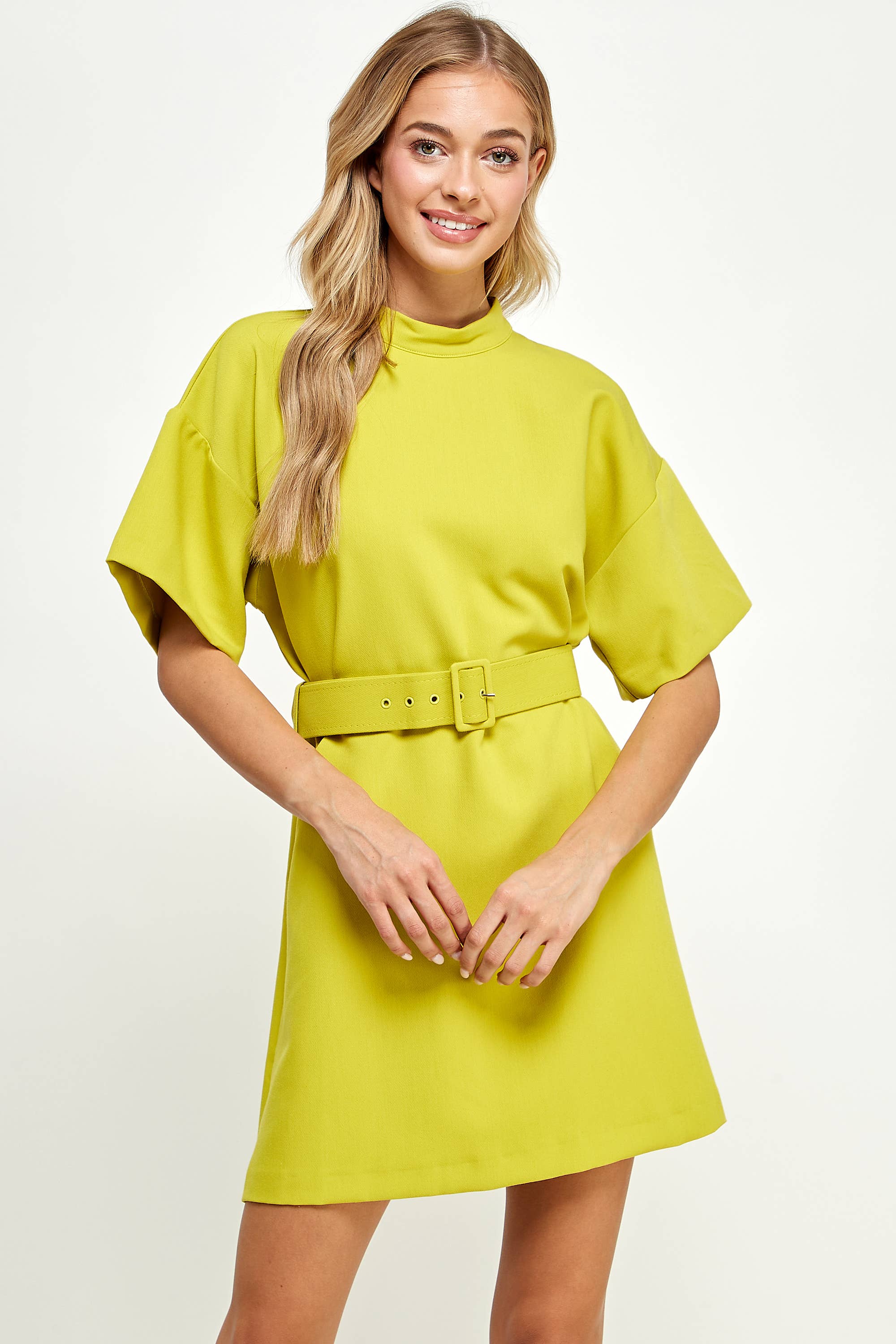 HIGH NECK DRESS WITH BELT- LIME