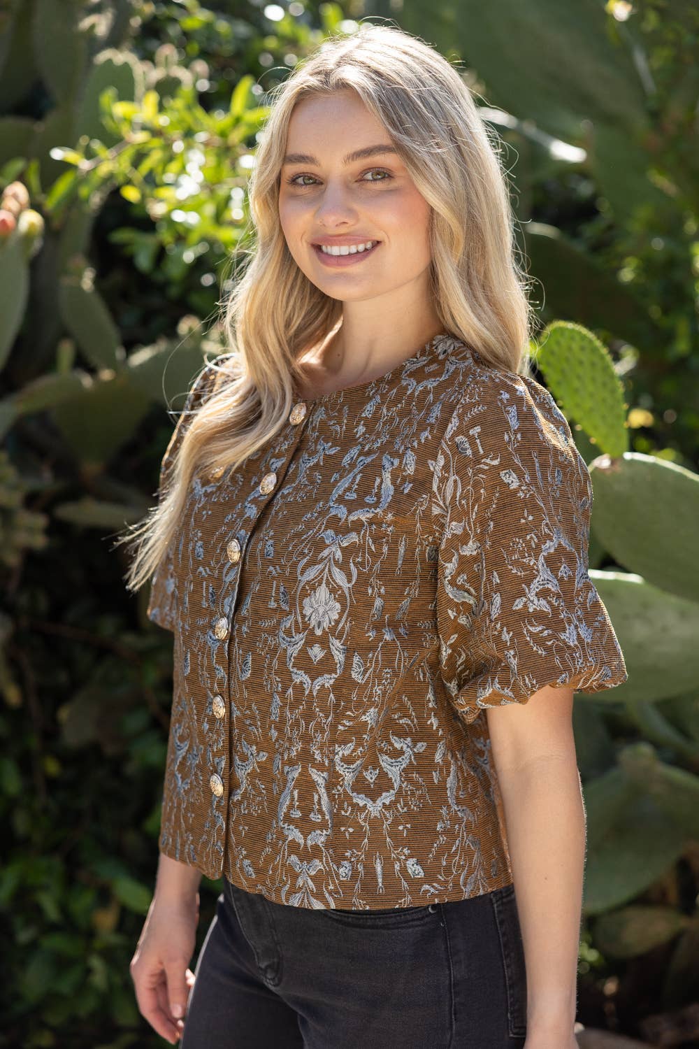 Gold Button Floral Jacquard Top
