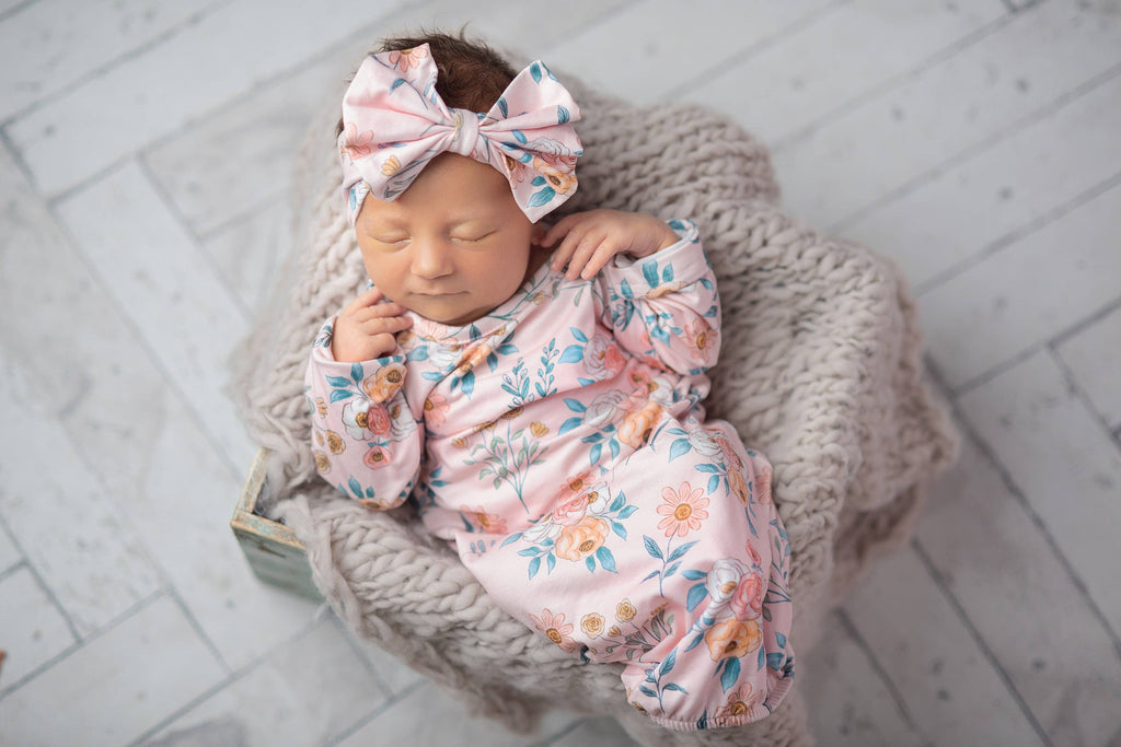 Pink Botanical Baby Gown and Bow Headband