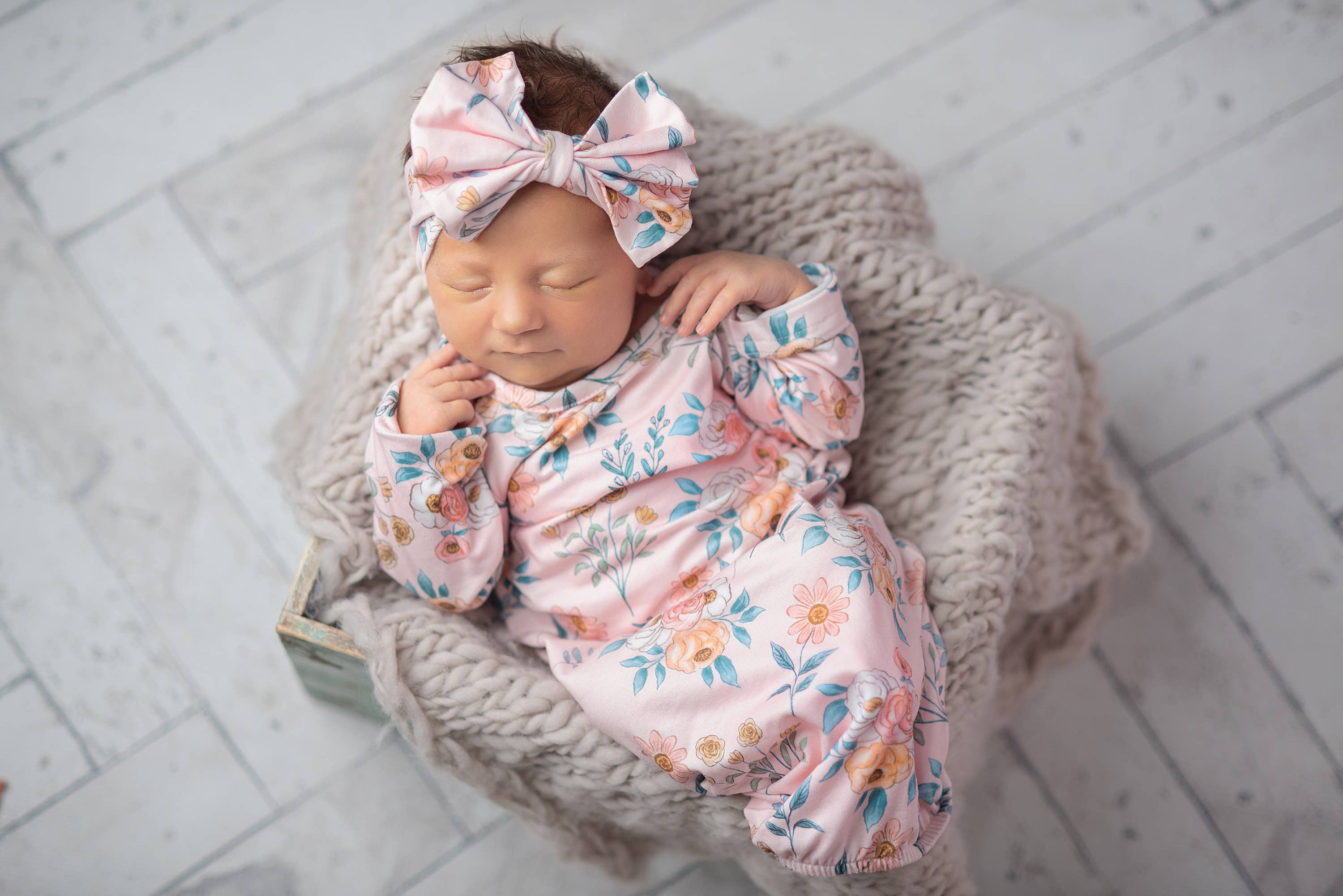 Pink Botanical Baby Gown and Bow Headband