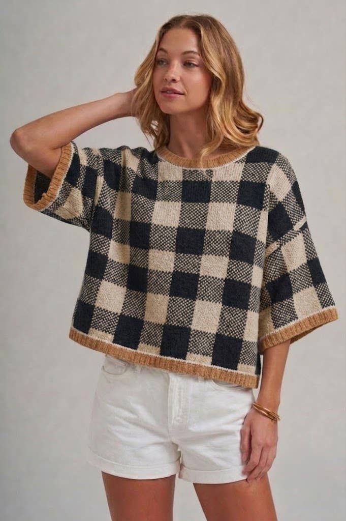 FALL GINGHAM DROP SHOULDER SWEATER TOP