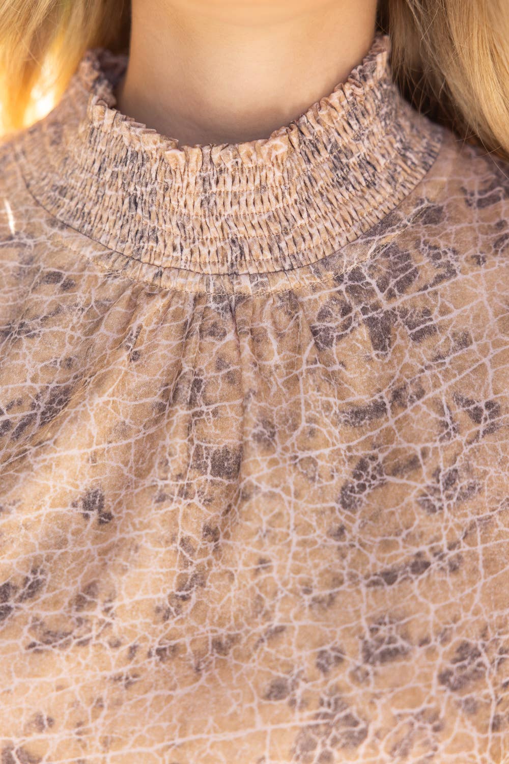 36909 Smocked High Neck Ruffle Sleeve Printed Top