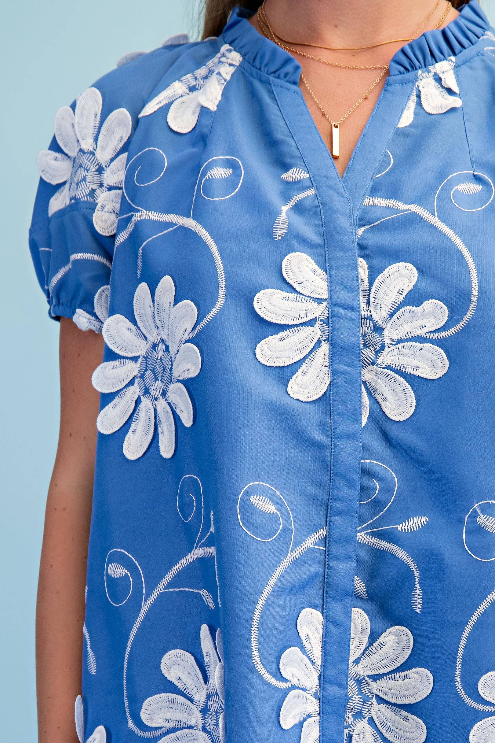 Floral 3d Applique And Embroidered V-neck Top