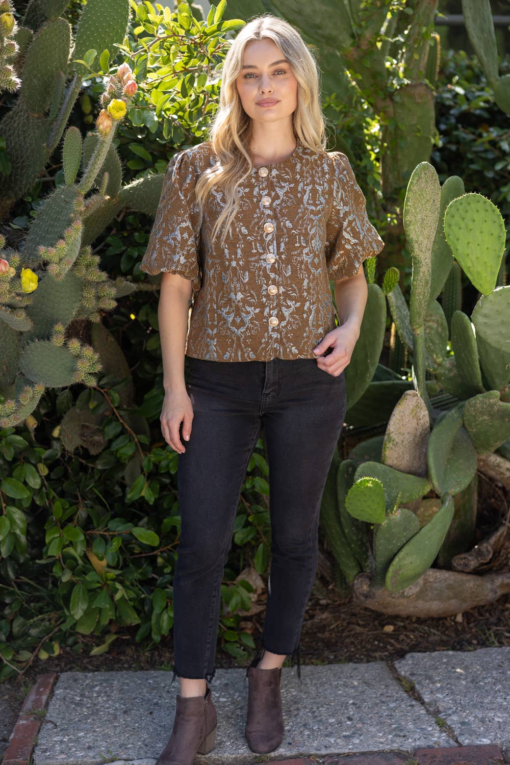 Gold Button Floral Jacquard Top