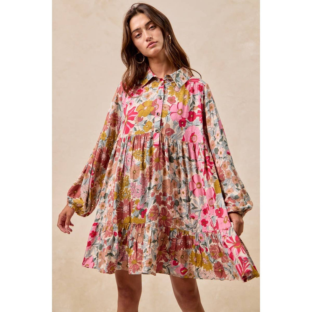 Floral Print Buttoned Tiered Dress