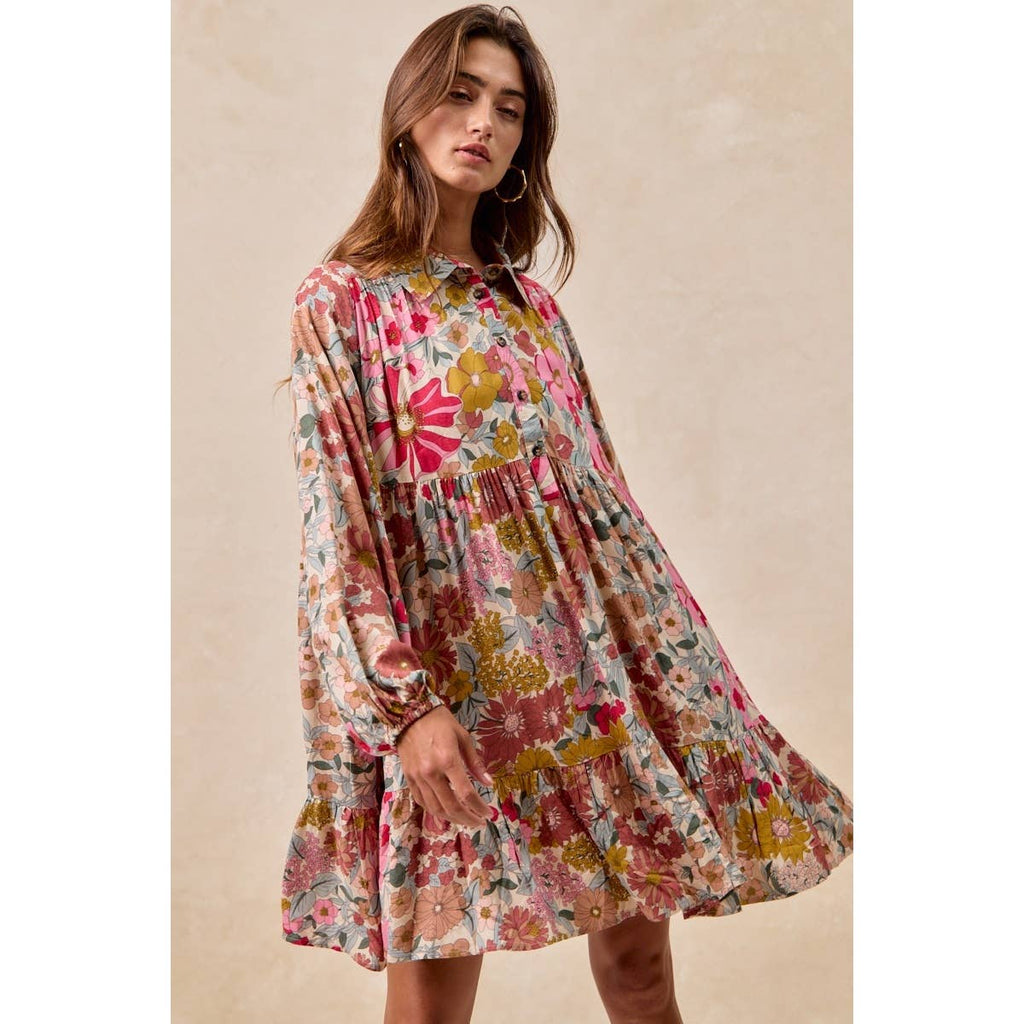 Floral Print Buttoned Tiered Dress