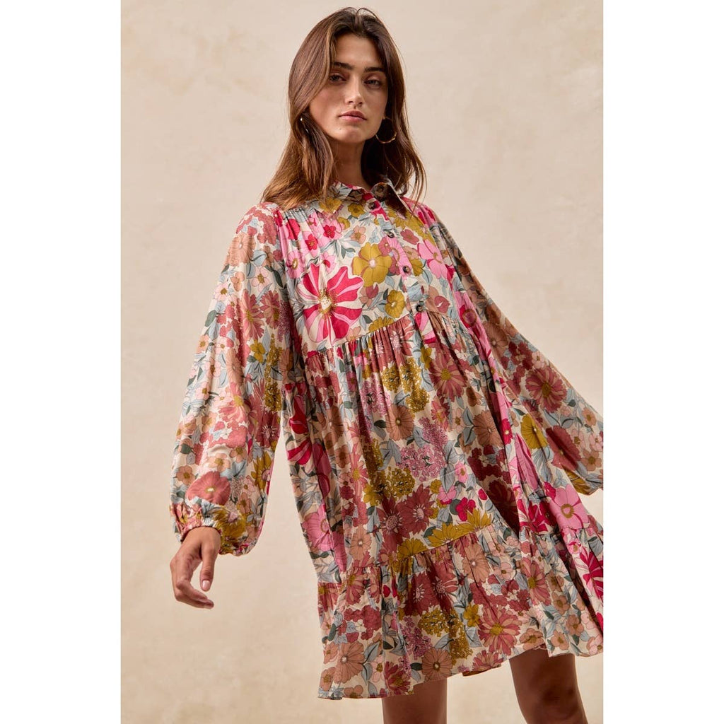 Floral Print Buttoned Tiered Dress