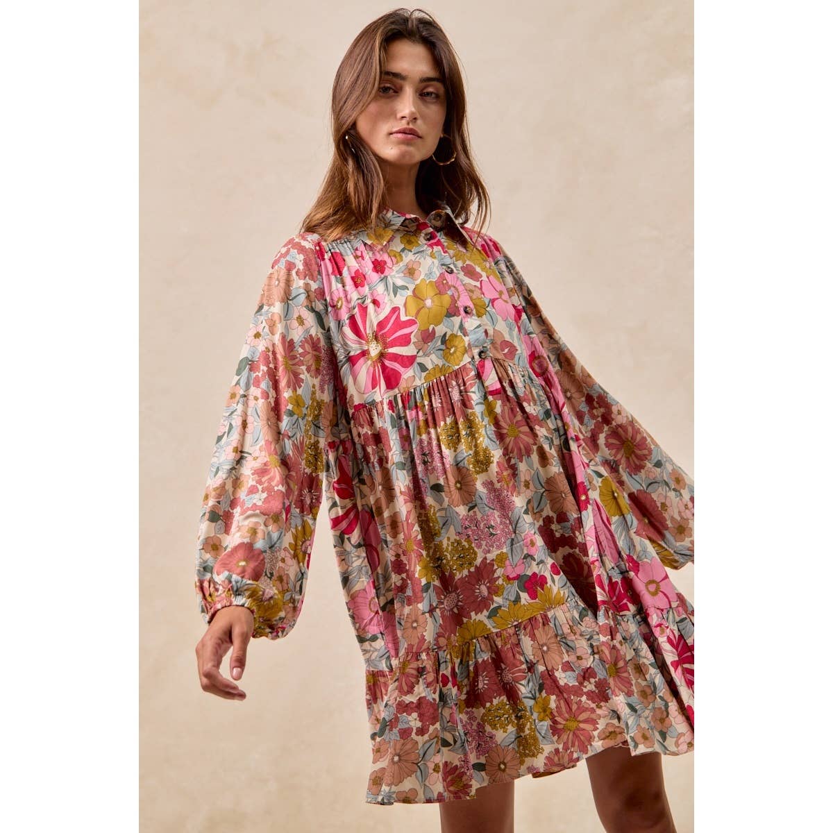 Floral Print Buttoned Tiered Dress