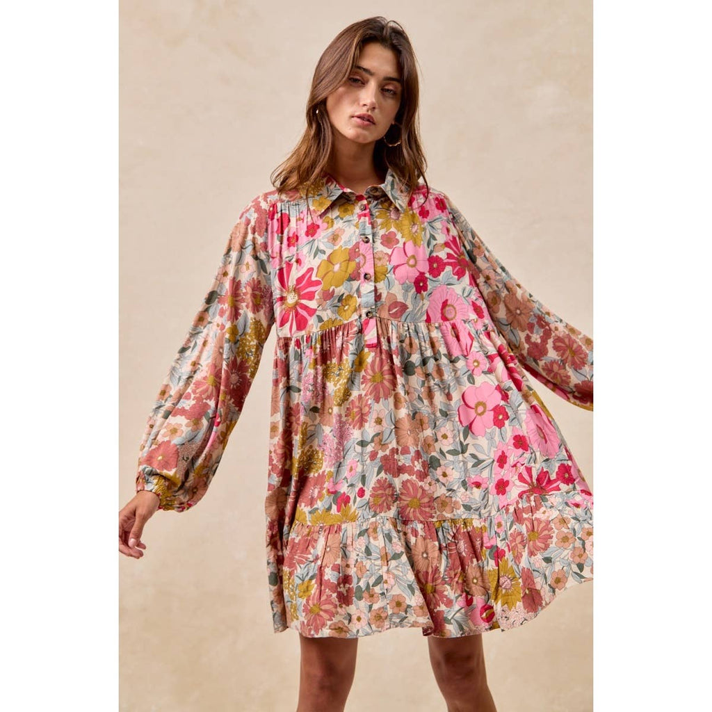 Floral Print Buttoned Tiered Dress