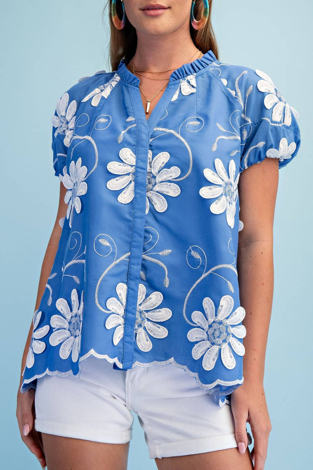 Floral 3d Applique And Embroidered V-neck Top