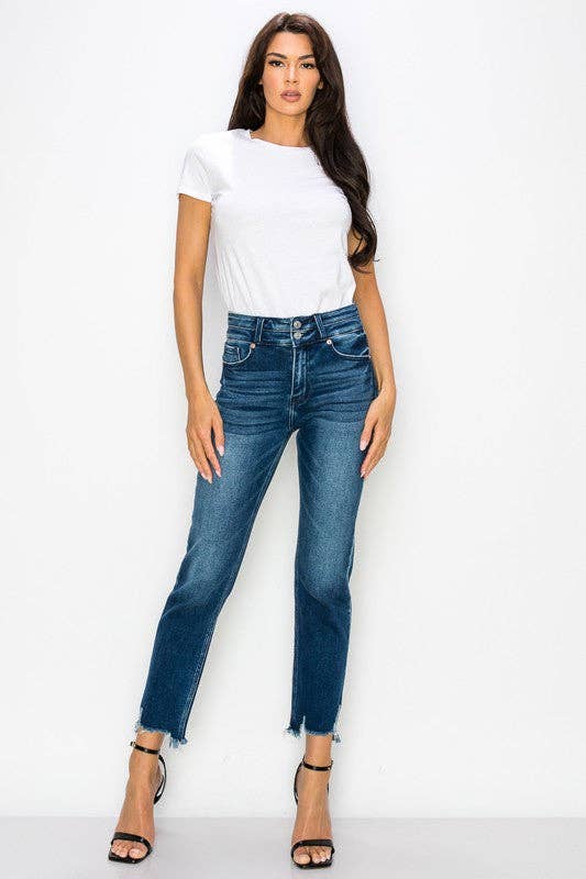 High Rise Stretch Double Waist Band Straight Jeans