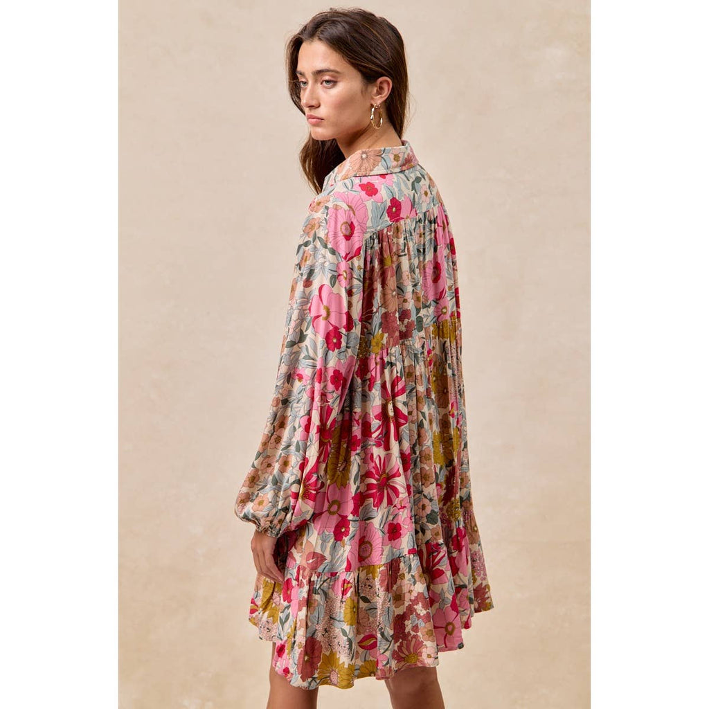 Floral Print Buttoned Tiered Dress