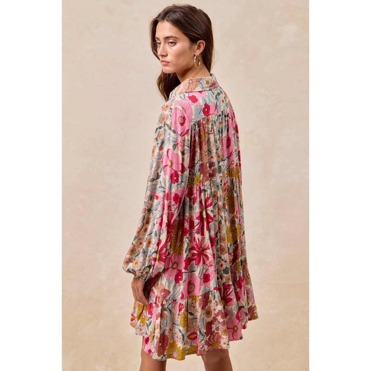 Floral Print Buttoned Tiered Dress