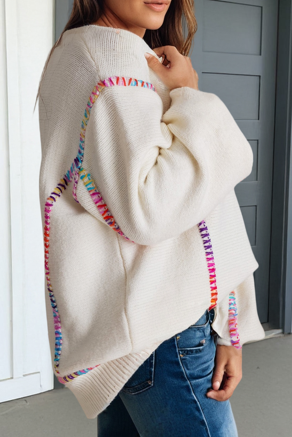 LAS Color Block Stitching Bishop Sleeve Sweater