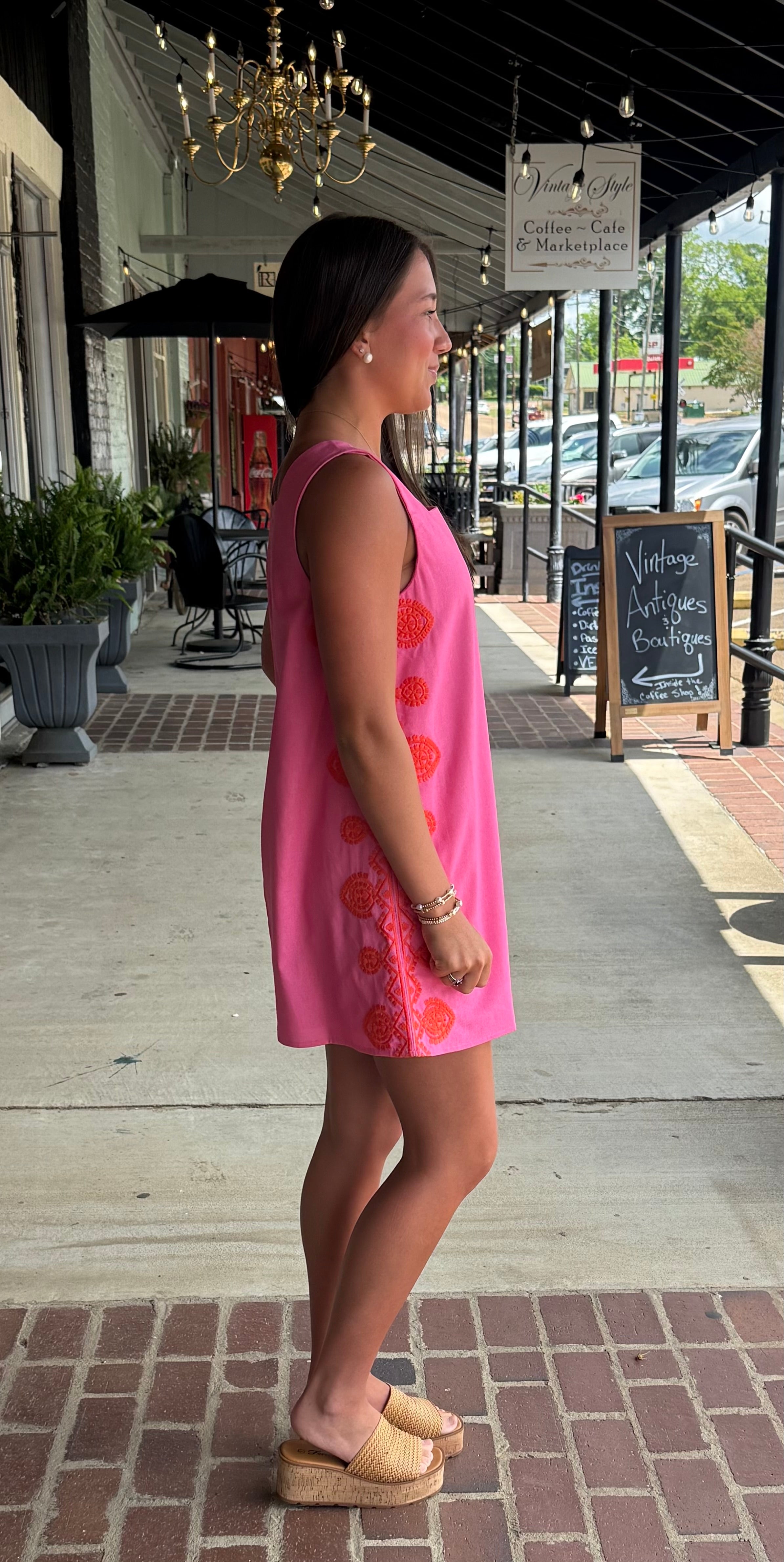 Medallion Embroidered Square Neck Shift Mini Dress