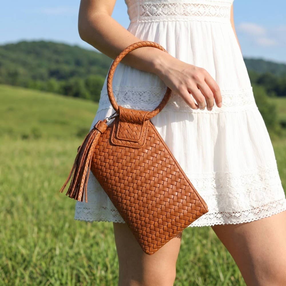 Woven Fringe Handle Clutch Bag