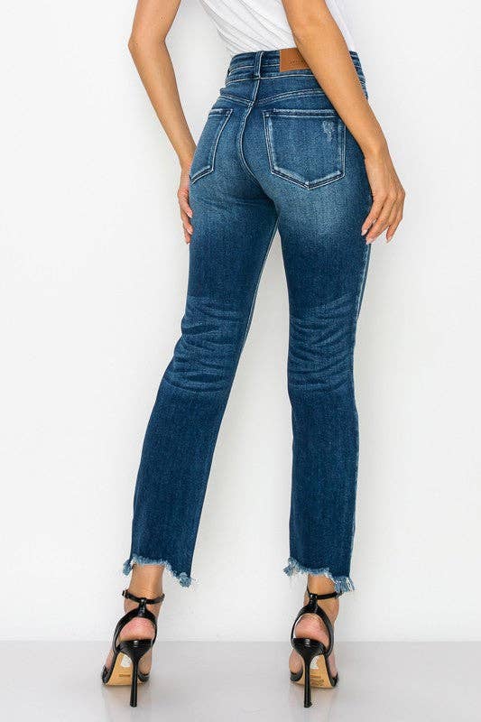 High Rise Stretch Double Waist Band Straight Jeans