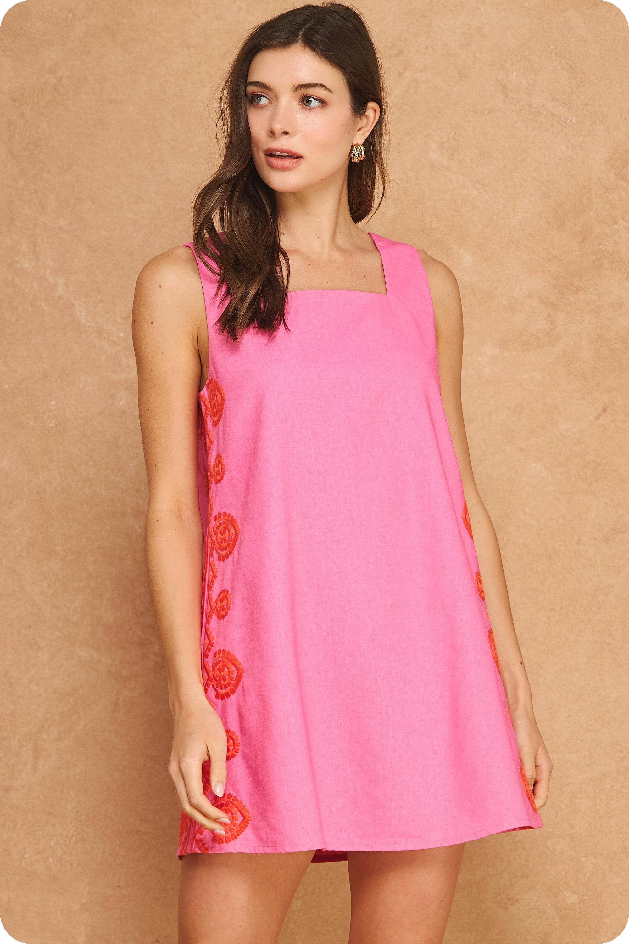 Medallion Embroidered Square Neck Shift Mini Dress