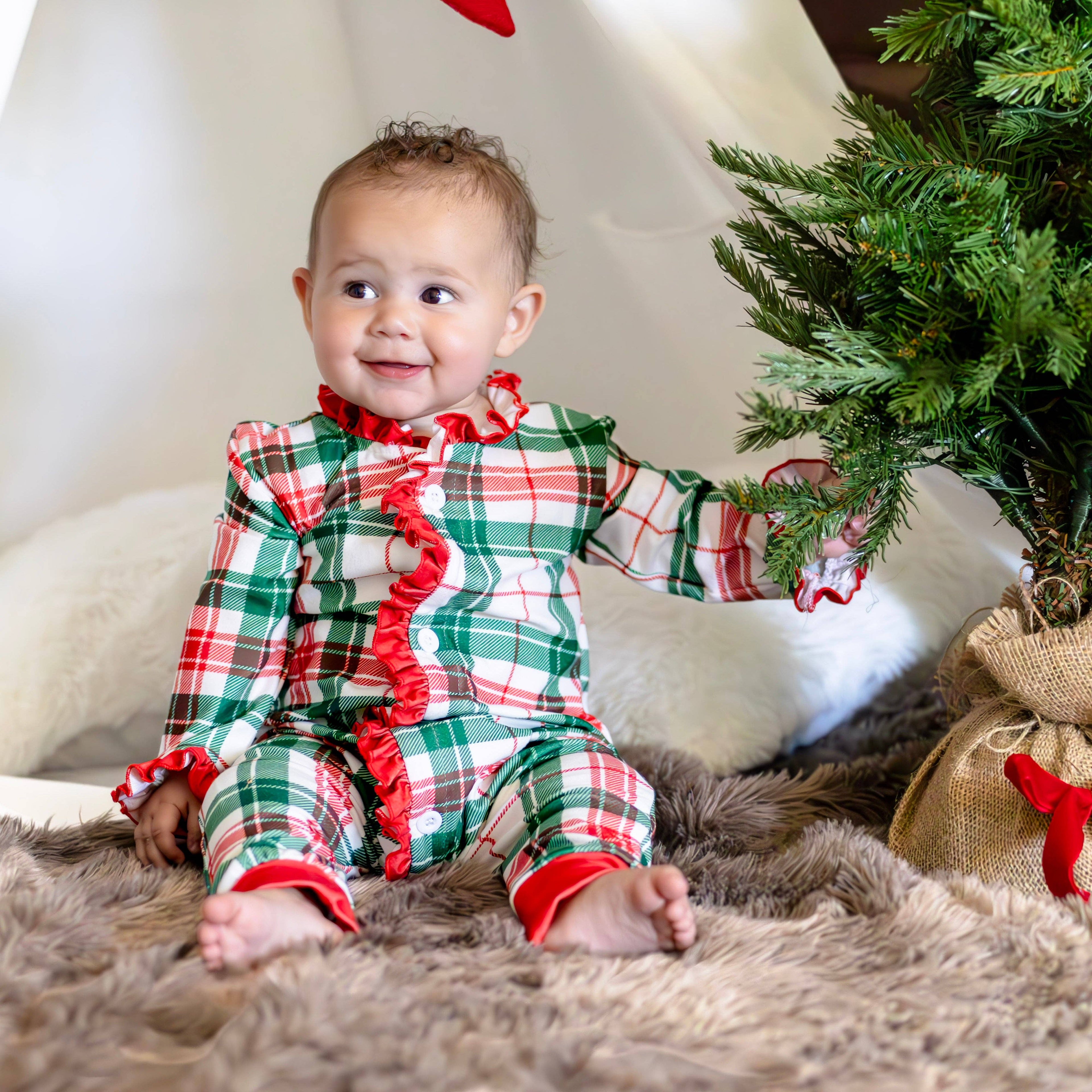 White Plaid Pajamas - Ruffle Buttflap - Christmas Plaid