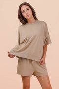 Beige Mineral Washed Knit Casual Top & Shorts