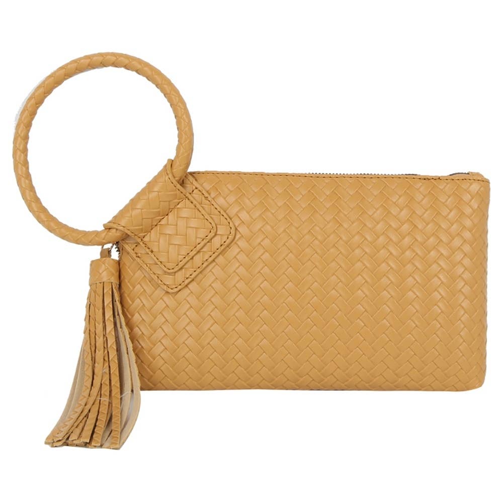 Woven Fringe Handle Clutch Bag