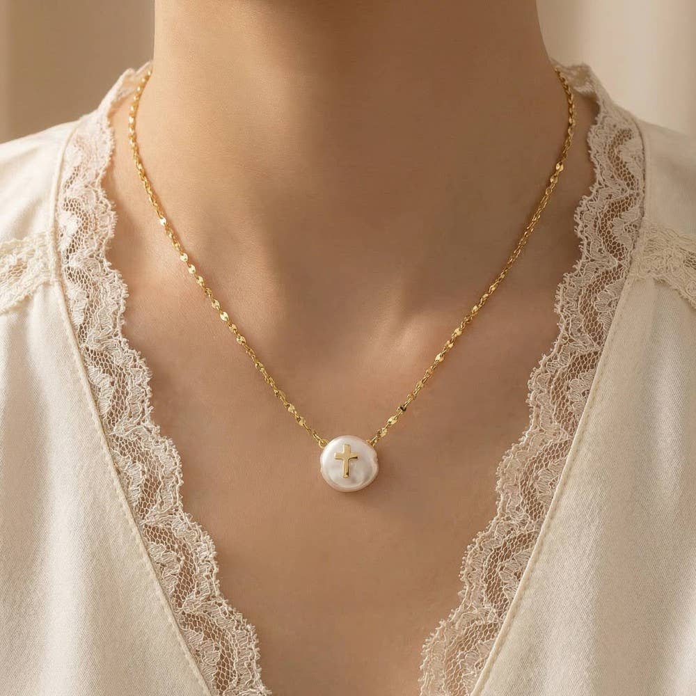 Cross On Pearl Pendant Chain Necklace