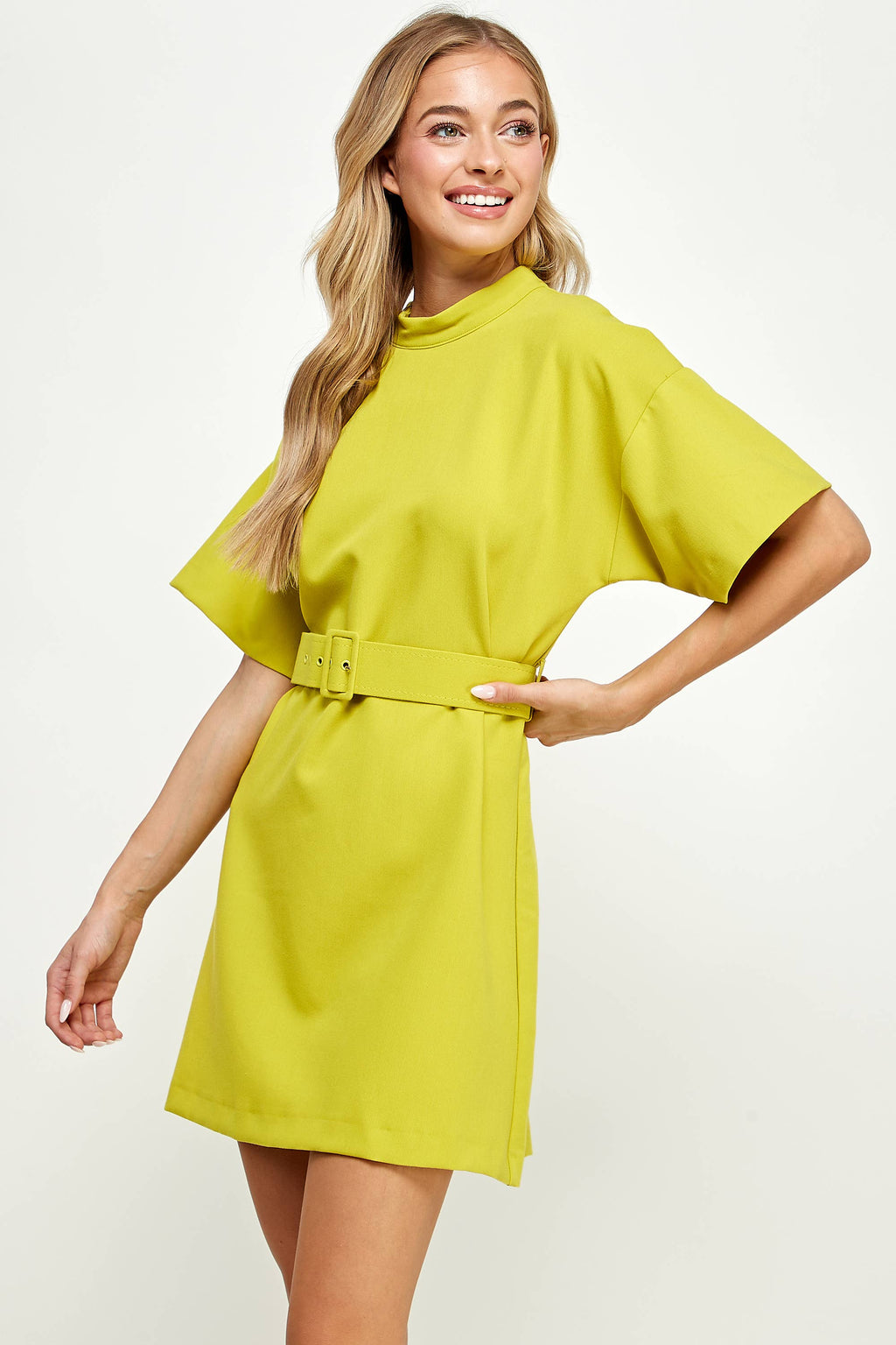HIGH NECK DRESS WITH BELT- LIME