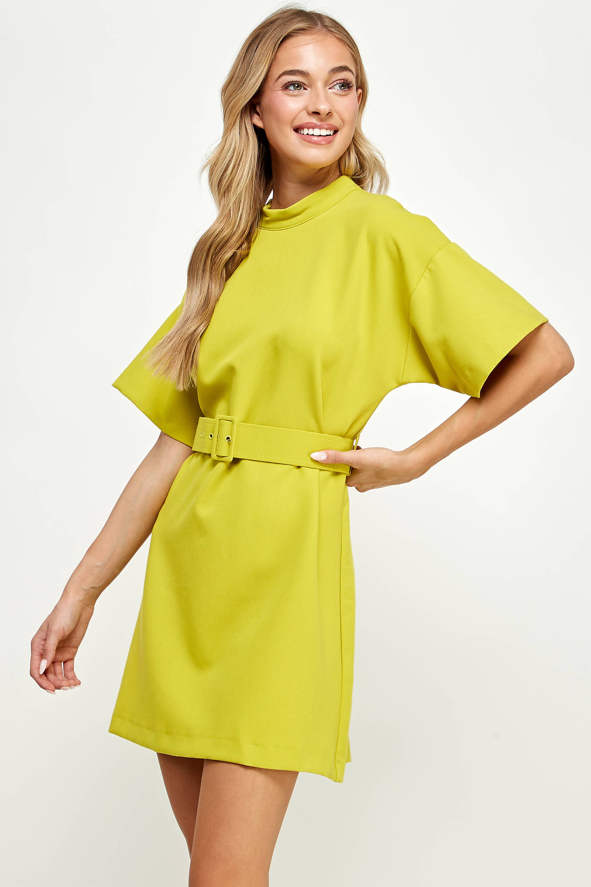 HIGH NECK DRESS WITH BELT- LIME