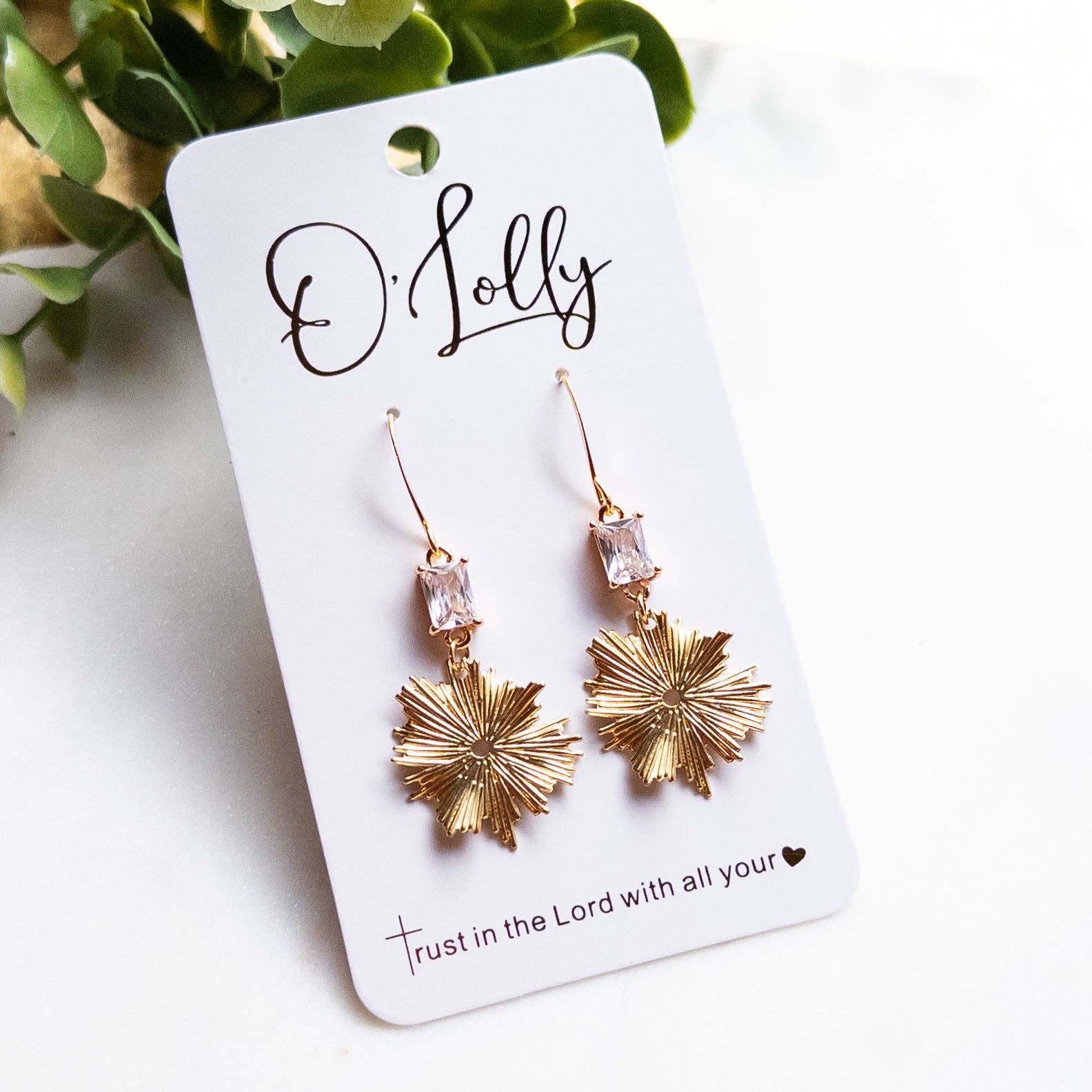 Clear Glass Connector w/Gold Burst Dangle Earrings “Carrie”