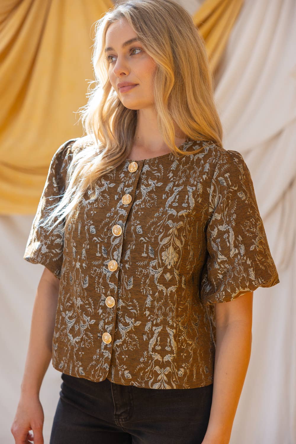 Gold Button Floral Jacquard Top