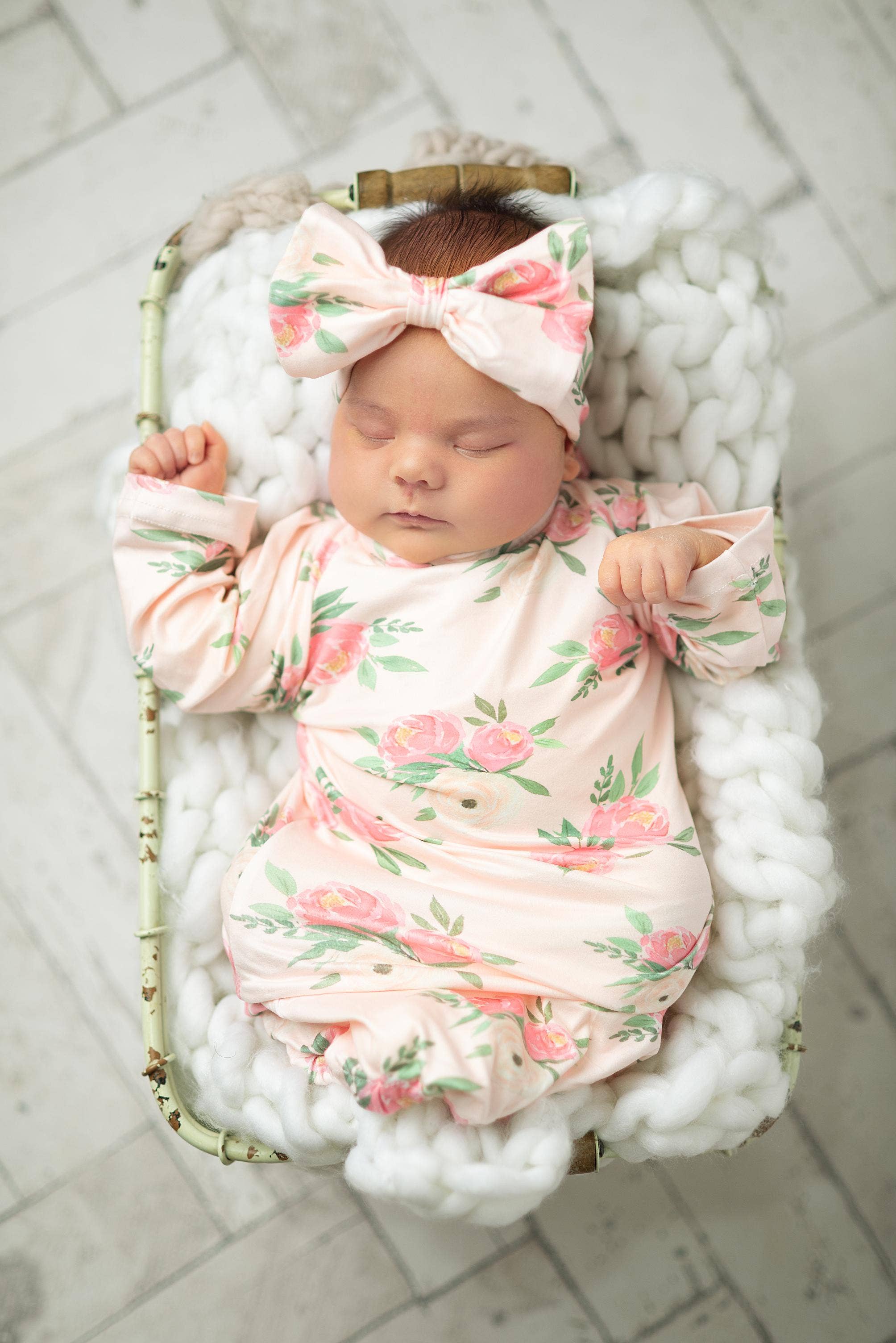 Pink Rose Baby Gown and Bow Headband
