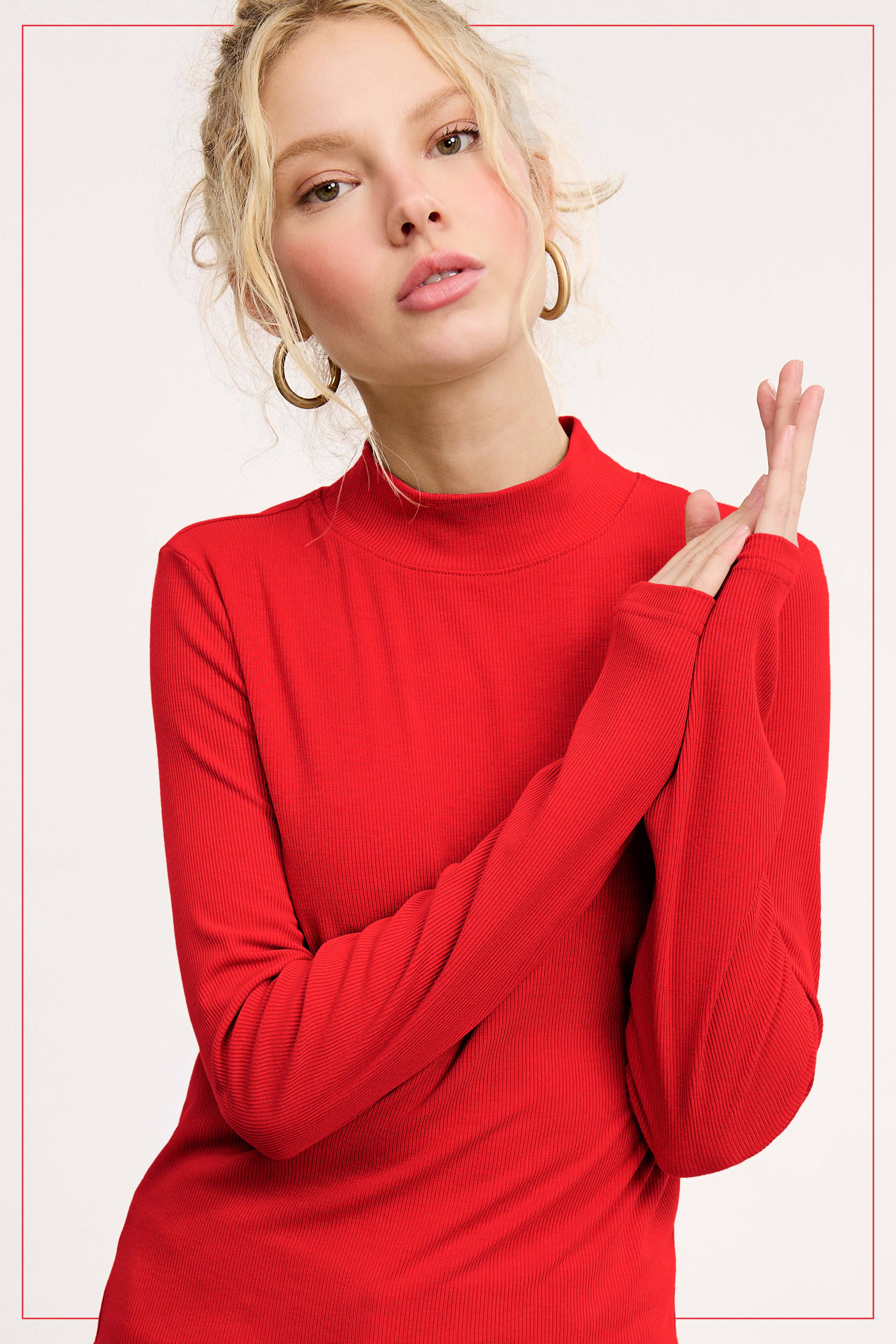 Stretchy Ribbed Long Sleeve Mock Neck Basic Top