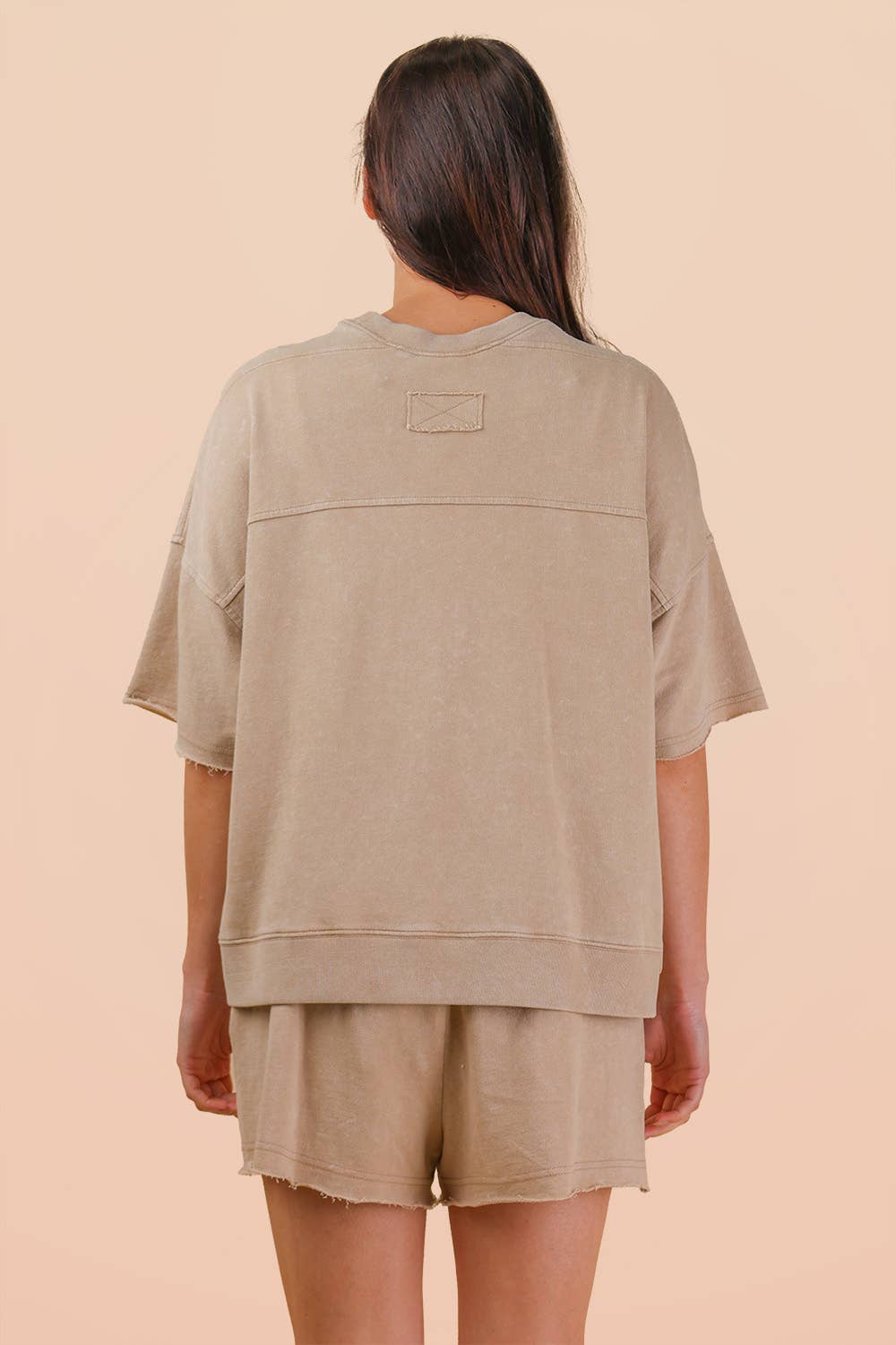 Beige Mineral Washed Knit Casual Top & Shorts